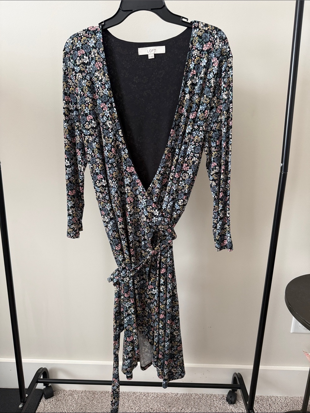 LOFT Black Floral Tie-Waist Wrap Dress